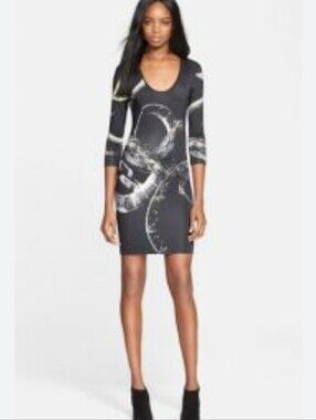 Just Cavalli 2015 Black Snake Print Tissuto 3/4 Sleeve Mid Length Dress